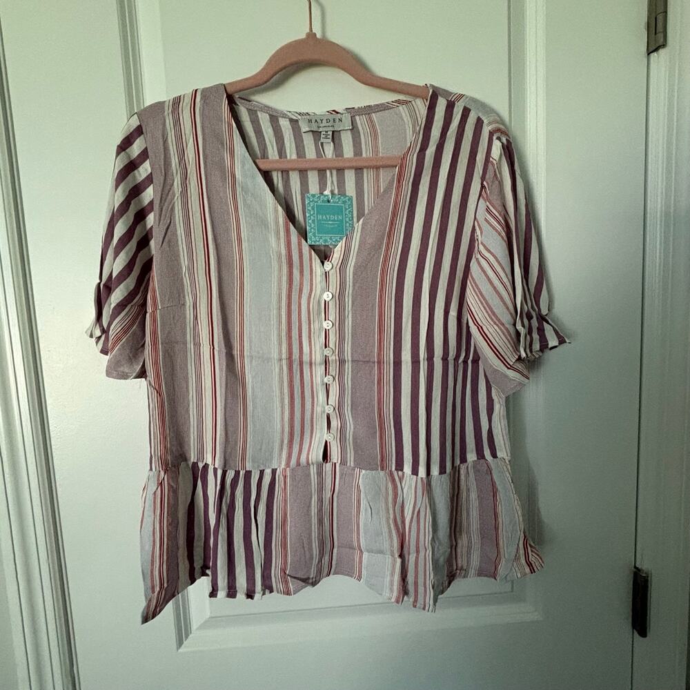 Hayden Los Angeles Womenβs Med Striped Peplum Blouse Button Front 100% Rayon NWT